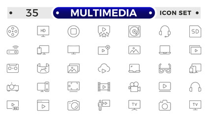 Multimedia outline Icons set. Vector illustration in thin line style of modern digital technology icons: photo, video, music, audiovisual equipment, and more.