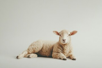 Fototapeta premium Lamb lying studio shot, neutral background, calm