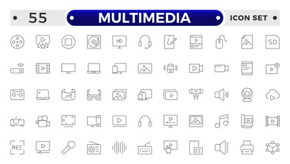 Multimedia outline Icons set. Vector illustration in thin line style of modern digital technology icons: photo, video, music, audiovisual equipment, and more.