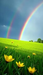 Naklejka premium Two brilliant rainbows spanning lush grassy field, yellow flowers blooming below , double rainbow, idyllic