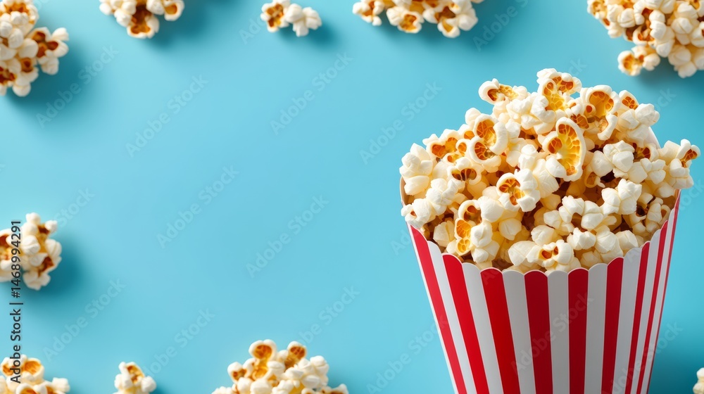 Poster red and white popcorn bucket is filled with popcorn. the popcorn is scattered around the bucket and 