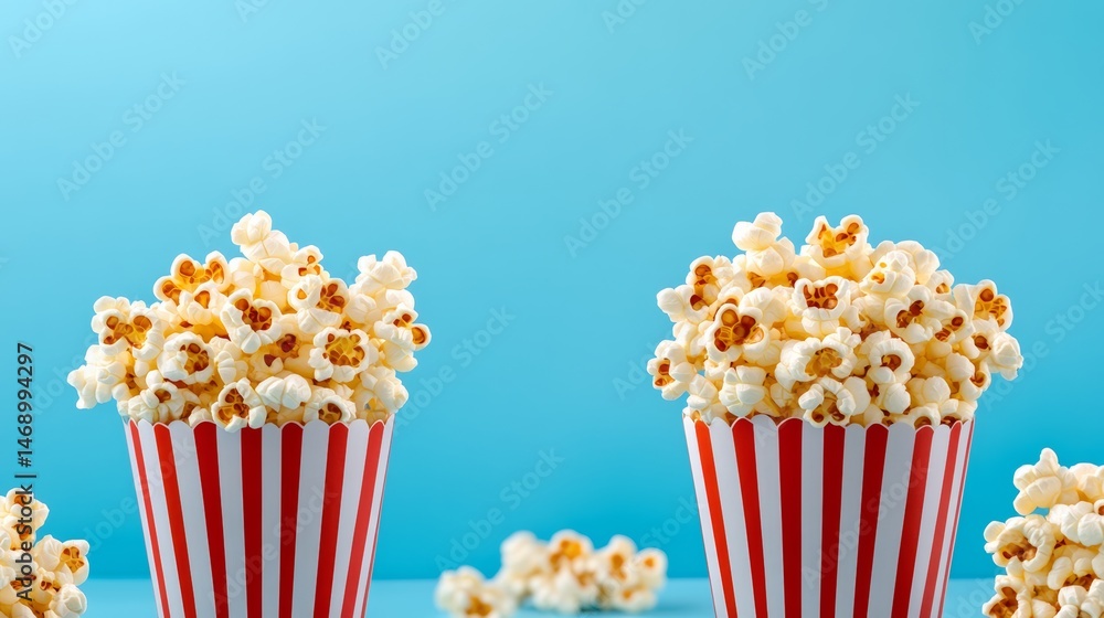 Poster two red and white popcorn buckets filled with popcorn. the buckets are placed on a blue background. 