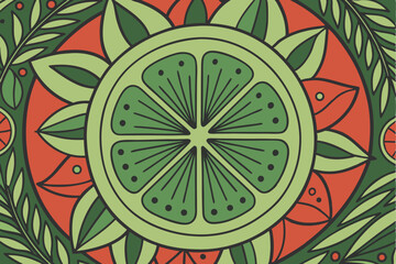 180 high quality detailed illustration, vibrant green citrus slice, mandala floral patterns, digital art, bold colors, intricate design, botanical, lush, dense, psychedelic, trippy, kaleidoscopic