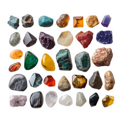 Naklejka premium A colorful collection of gemstones arranged neatly on a transparent background showcasing natural beauty and variety, Gemstones transparent background