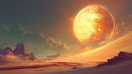 Fototapeta premium Surreal alien landscape with massive glowing sun burning in the sky over barren rocky terrain with dramatic clouds and distant mountain formations in a fantasy world scene