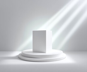 Minimalist white pedestal with dramatic light beams.