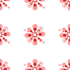 Seamless pattern of large isolated red molecule symbols. The elements are evenly spaced. Illustration on light red background