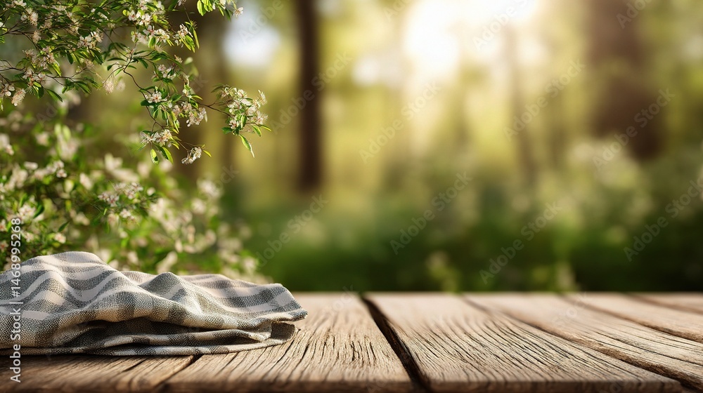 Poster wooden table in spring forest with soft light and blur effect