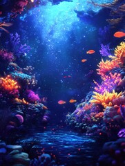 Obraz premium A celestial reef where glowing coral mimics the colors of the galaxy, surrounded by bioluminescent fish 