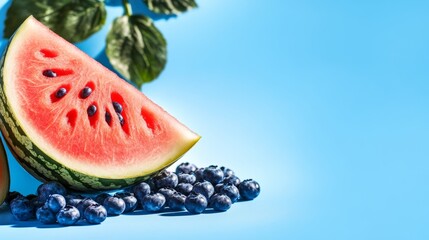 Watermelon is cut in half and placed on a blue background. The watermelon is surrounded by blueberries and leaves