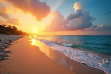 Fototapeta premium Tranquil beach scene at sunset, golden sand, calm ocean waves , wallpaper, serenity
