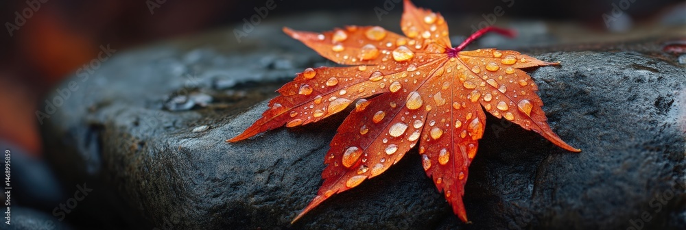 Poster close-up view of an orange maple leaf adorned with raindrops resting on a dark stone surface generat