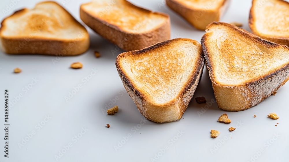 Poster close up of a few slices of toast with a few crumbs on the table. the toast is toasted and has a sli