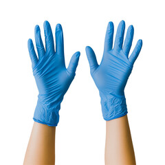 Obraz premium Hands wearing blue medical gloves are raised against a transparent background, indicating preparation for a medical task, Hands Wearing Blue Medical Gloves on transparent background