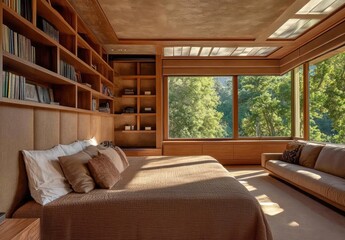 Fototapeta premium Luxurious bedroom, forest view, sunlight, wooden shelves, peaceful morning
