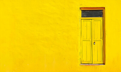 Bright yellow wall with matching closed double door and small transom window