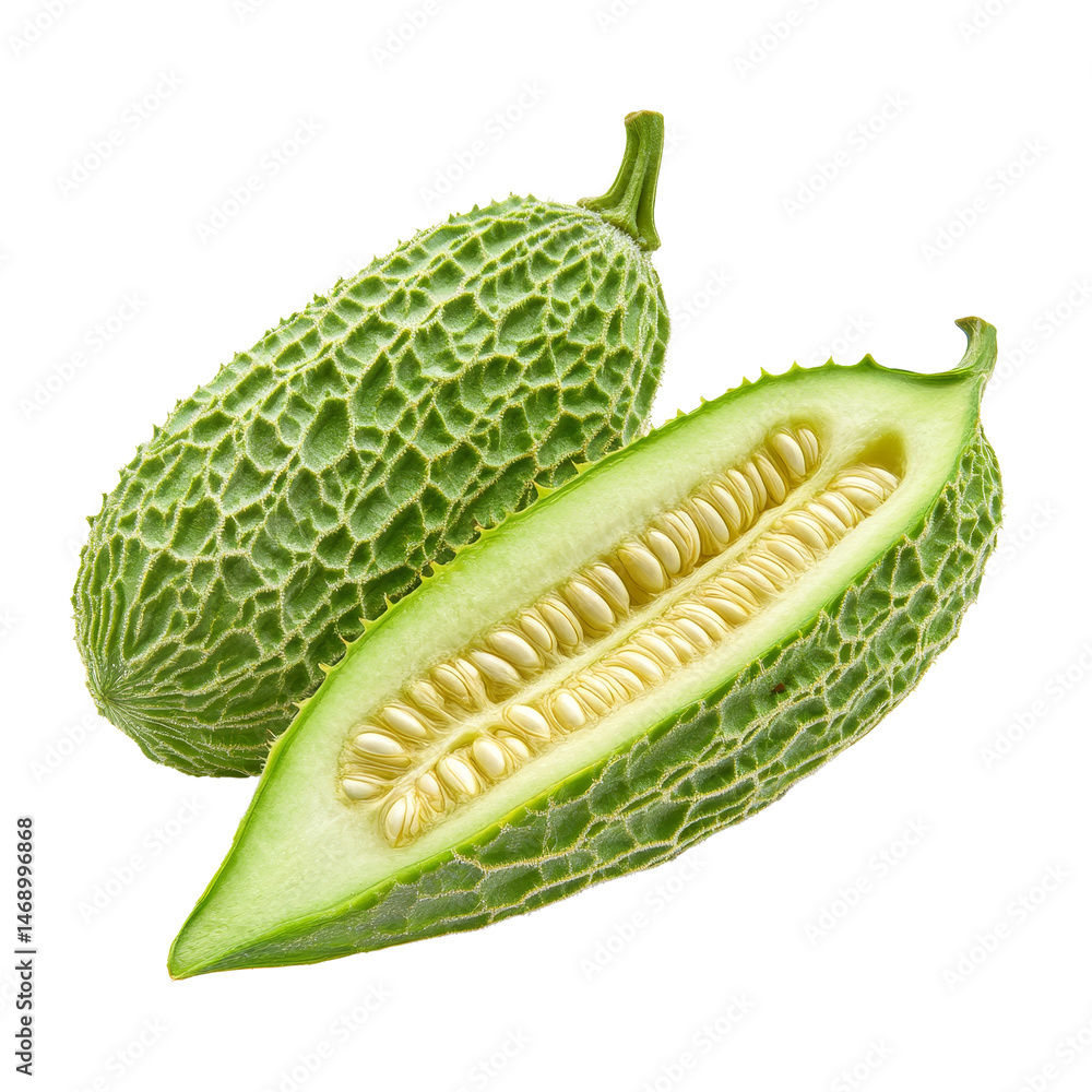 Poster closeup of bittermelon on transparent, highlighting its unique texture and interior, bittermelon iso