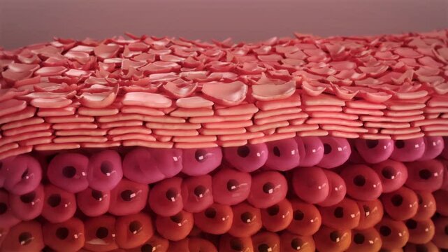 Flakes peel off, poor care, environmental pollution, lack of fluid. 3d animation of the stylized structure of dry skin. 