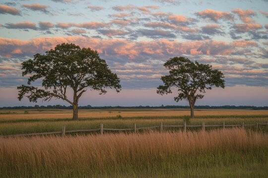 Tranquil landscape at sunset. Two trees stand sentinel over a golden field - Powered by Adobe