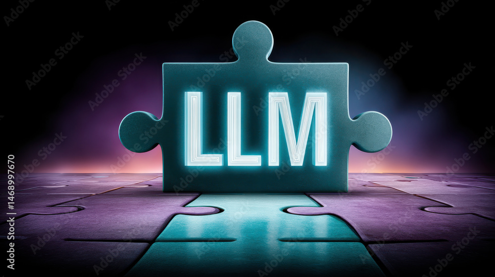 Poster puzzle piece with glowing llm text on colorful puzzle background, symbolizing artificial intelligenc