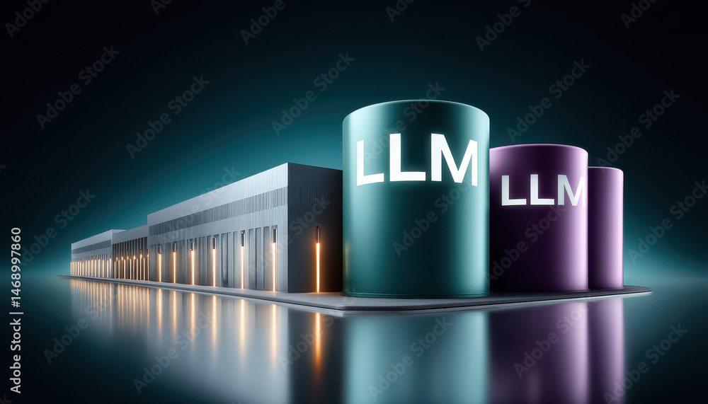 Poster modern data center with large llm storage tanks, glowing lights, and futuristic architecture, reflec