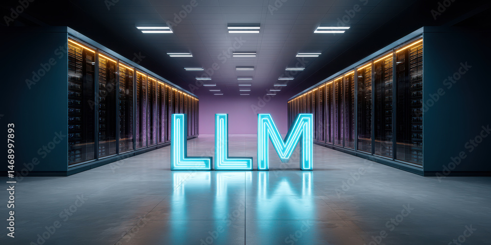 Poster large language model server room data center neon light technology artificial intelligence modern di
