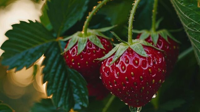 Close-Up of Ripe Strawberries Growing on a Vine, hanging on Branch in Warm Sunlight , God Rays Light, Golden Hour 