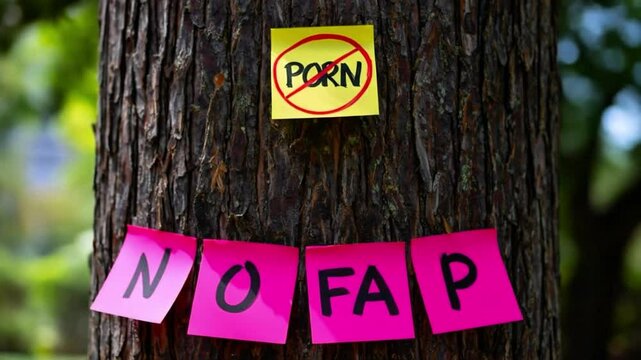 Sticky notes on a tree trunk. One yellow note shows "PORN" crossed out. Pink notes below spell out "NO FAP". Highlights themes of addiction recovery, self-control, and breaking bad habits.