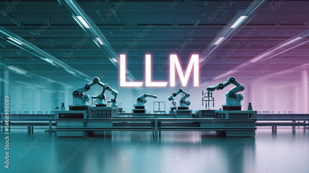 Poster robotic arm factory automation technology artificial intelligence llm futuristic industrial machine 