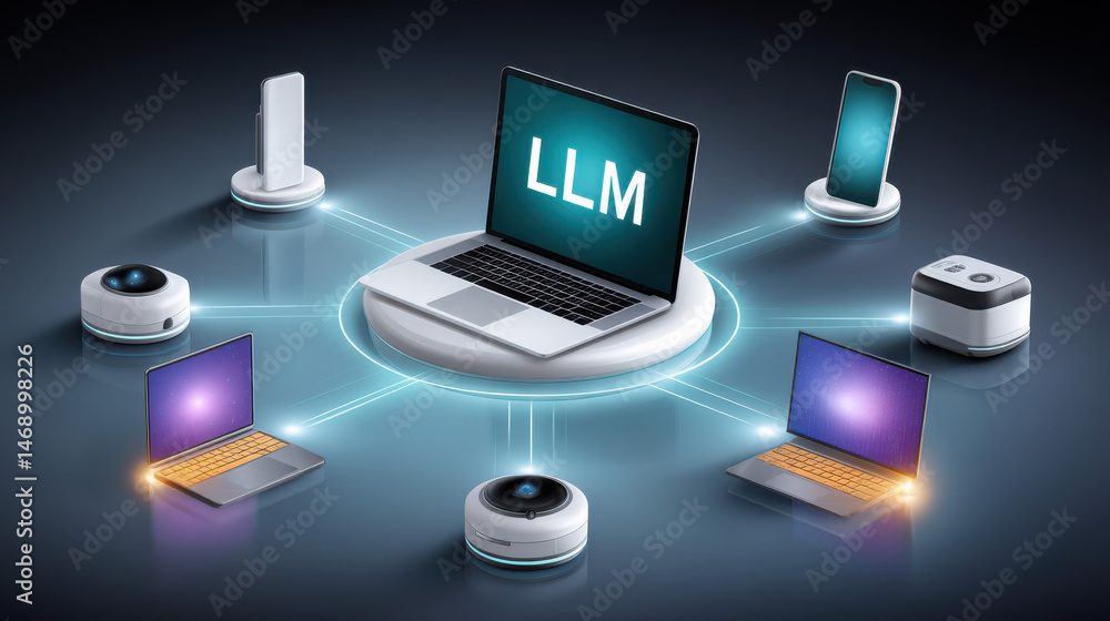 Poster laptop computer with llm on screen connected to various smart devices, tablets, and laptops in digit