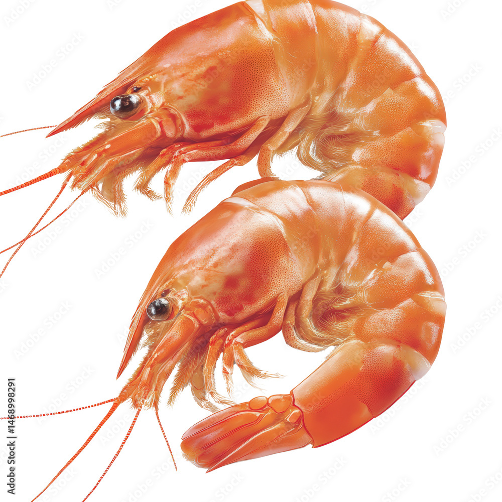 Poster two freshly cooked shrimp placed on a light background showcasing their juicy texture and appetizing