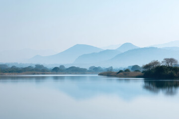 Naklejka premium serene coastal wetland in el salvador enveloped in mist and fog