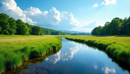 Obraz premium Wide Ehle River flows under vast blue sky Green meadows meet distant woodland , scenic, stock photo, green