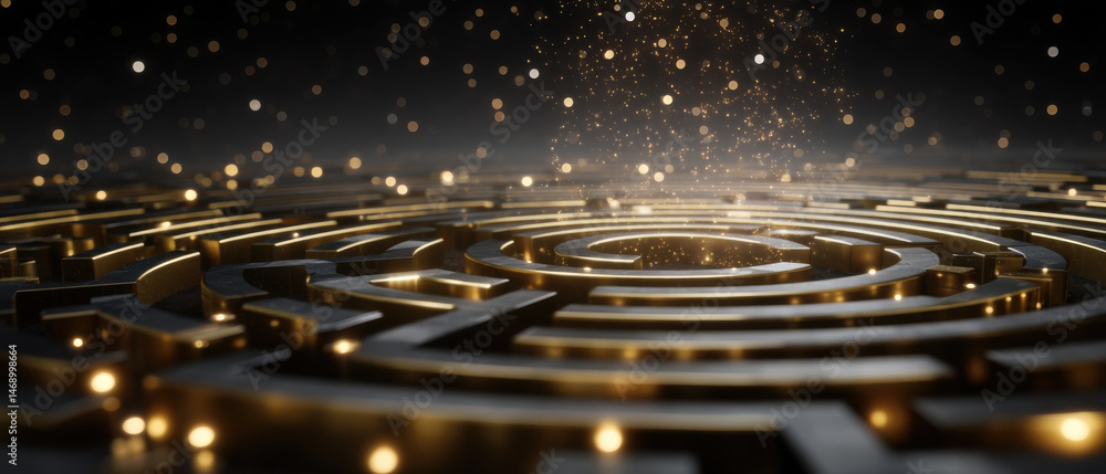 Poster golden circular maze with glowing lights, sparkling particles floating above, mysterious and magical