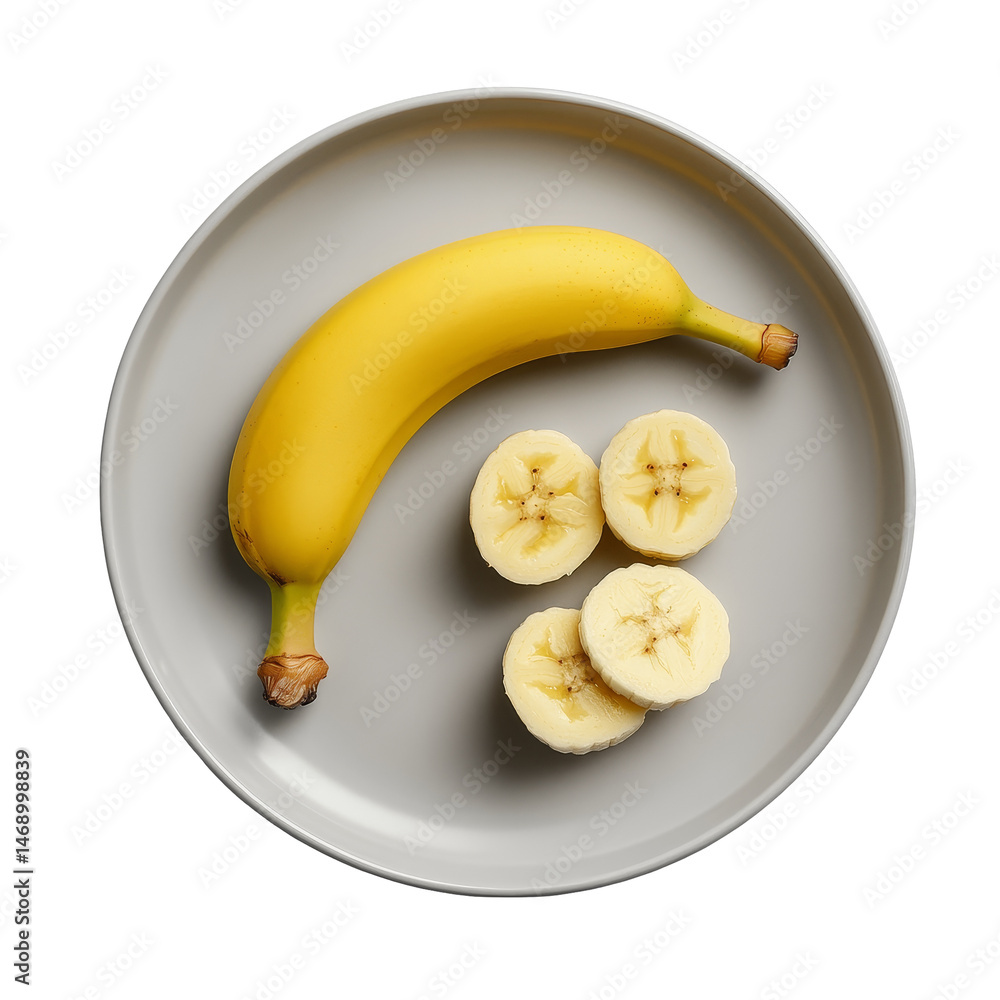 Aufkleber fresh banana slices placed on a gray plate with a whole banana on a clean transparent background, sl