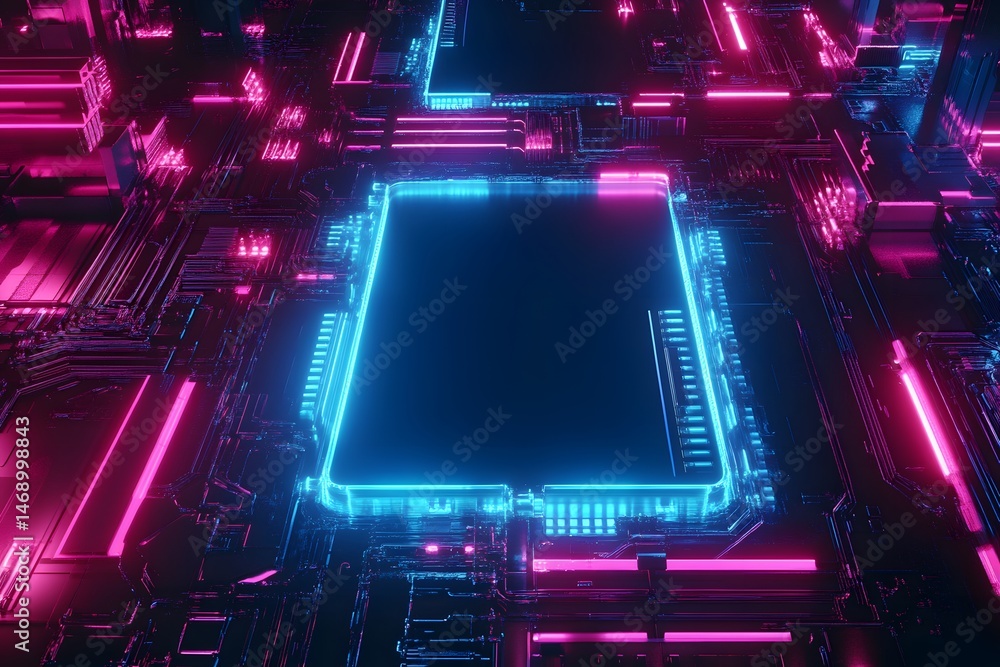 Poster futuristic computer processor illuminated with neon blue and pink lights in dark environment