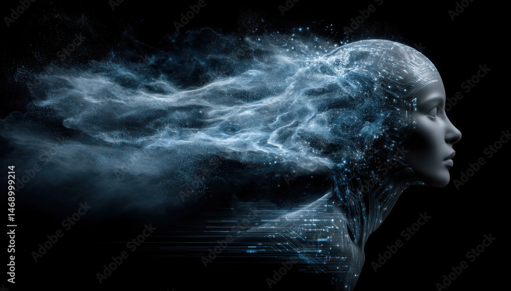 Poster digital human head with flowing data particles, futuristic artificial intelligence concept, ethereal