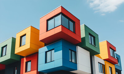 Obraz premium Colorful modular building with stacked cube-shaped units against a blue sky