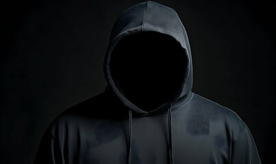 Dark figure in hoodie, face obscured by shadow, creating a mysterious, anonymous presence