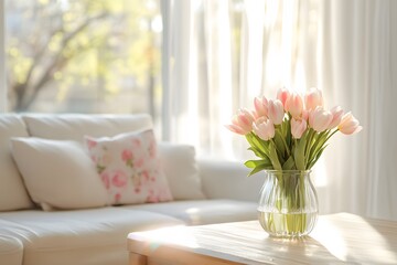 Elegant interior with soft pink tulips in a glass vase on wooden table decoration