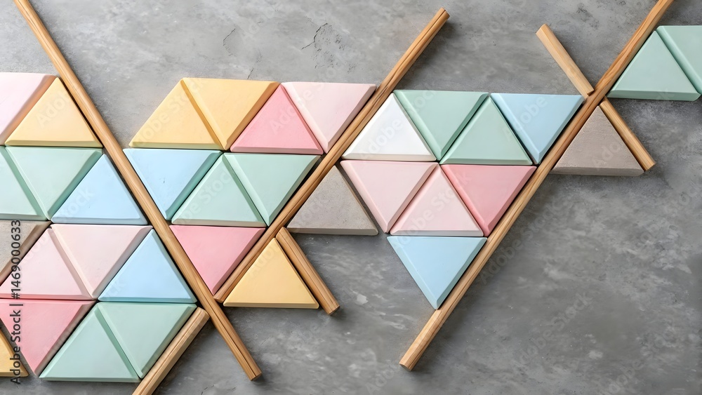 Poster pastel triangles arranged in a pattern with wooden sticks on a gray textured surface top down view