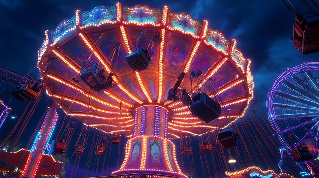 Night Fairground Swing Carousel Ride.