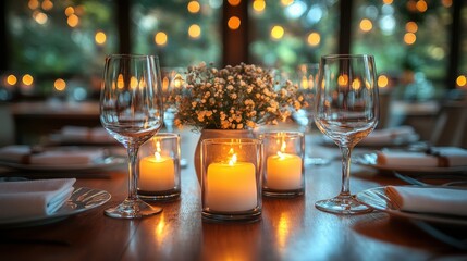 Table Setting with Wine Glasses, Candles, and Flowers