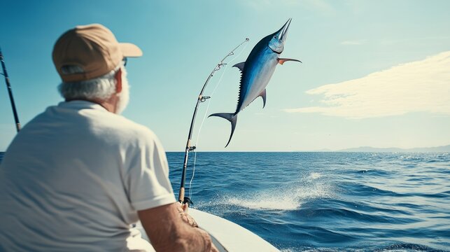 Man is fishing in the ocean and has just caught a large fish. The man is wearing a hat and is looking at the fish in the water. Scene is one of excitement and accomplishment