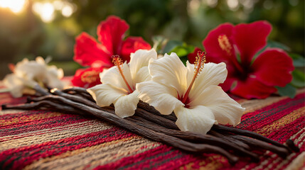 Handwoven lamba with vanilla pods and hibiscus, celebrating Madagascar's vibrant culture and natural bounty.