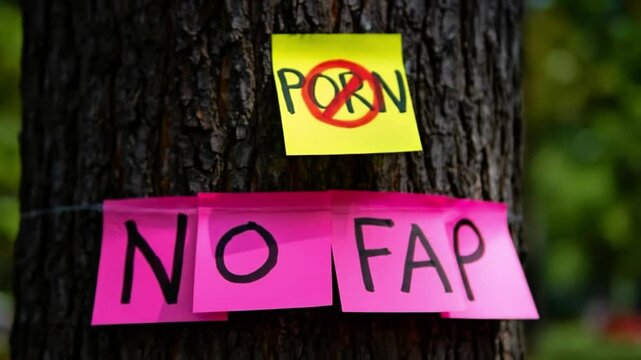 Sticky notes on a tree trunk. One yellow note shows "PORN" crossed out. Pink notes below spell out "NO FAP". Highlights themes of addiction recovery, self-control, and breaking bad habits.