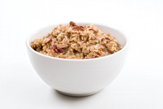 Bowl of oatmeal with pecans and cinnamon on white background
 - Powered by Adobe