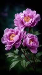 Fototapeta premium Three Blooming Pink Peonies with Yellow Centers Against a Dark Green Background