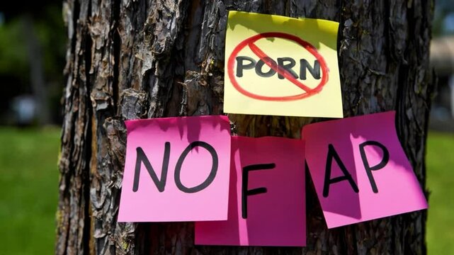 Sticky notes on a tree trunk. One yellow note shows "PORN" crossed out. Pink notes below spell out "NO FAP". Highlights themes of addiction recovery, self-control, and breaking bad habits.