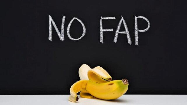 NO FAP written in chalk on a blackboard. A partially peeled banana sits in the foreground. Conceptual image representing abstinence, self-discipline, and overcoming certain urges or addictions.